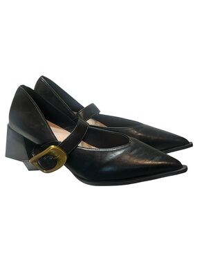 Black Leather Pointed Mary Jane Heels with Gold Buckle